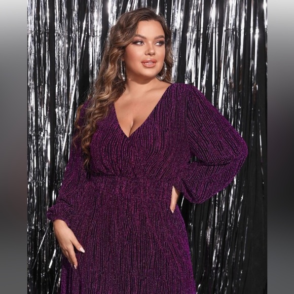SHEIN Lantern Sleeve, Split Thigh, Glitter Dress, Purple, size 1x, Worn 1x - Picture 2 of 4